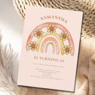 Retro Boho Rainbow 10th Birthday Party  Invitation