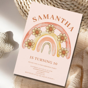 Retro Boho Rainbow 10th Birthday Party  Invitation