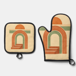Retro Boho Rainbow Arch Minimalist Design Oven Mitt & Pot Holder Set