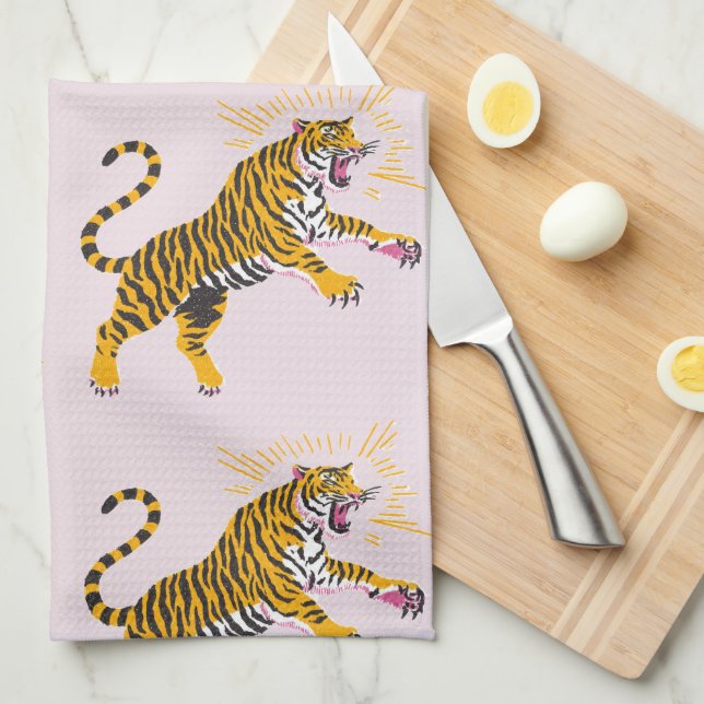 Retro Boho Roaring Tiger Orange Pink Tea Towel (Quarter Fold)