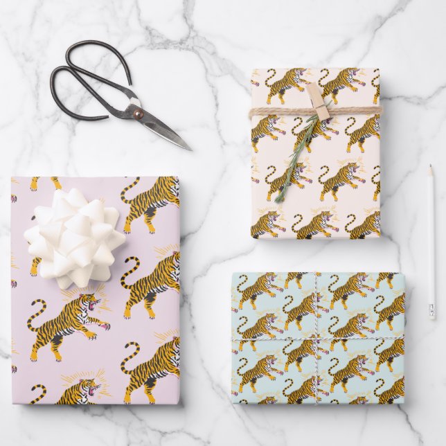 Retro Boho Roaring Tiger Orange Pink Wrapping Paper Sheet (Front)