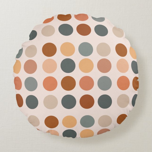 Retro Boho Rust and Neutral Polka Dots Round Cushion (Front)