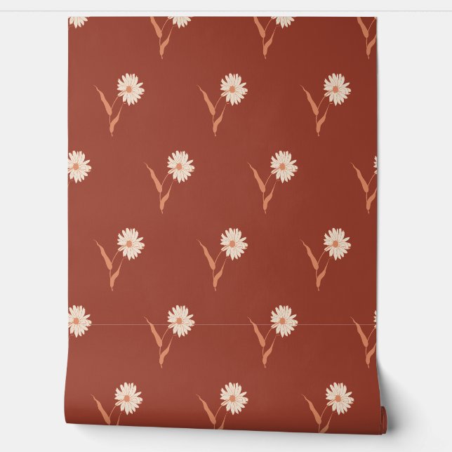 Retro Boho Scattered Wildflower Daisy Pattern Red Wallpaper (Unrolling)