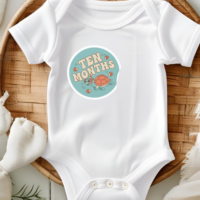 Retro Boho Sea Turtle Baby Ten Months Milestone Classic Round Sticker (Creator Uploaded)