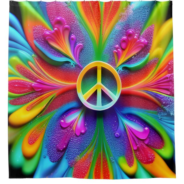 "Retro Boho Shower Curtain Peace Sign Hippie" (Front)