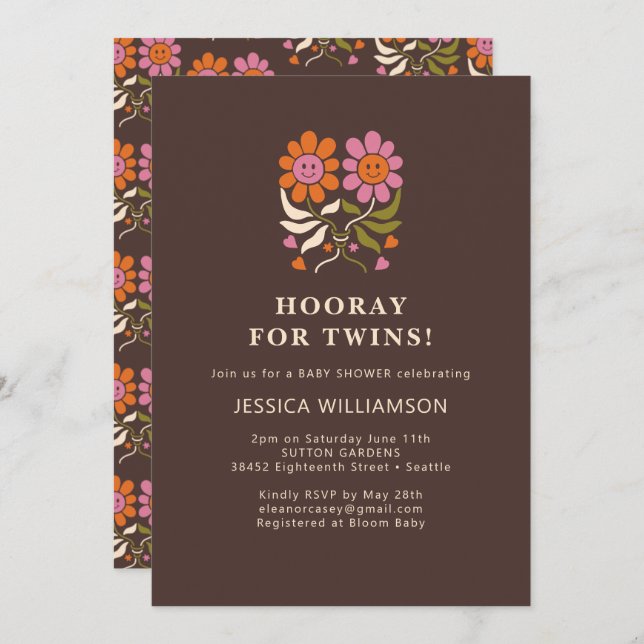 Retro Boho Smile Floral Groovy TWINS Baby Shower Invitation (Front/Back)