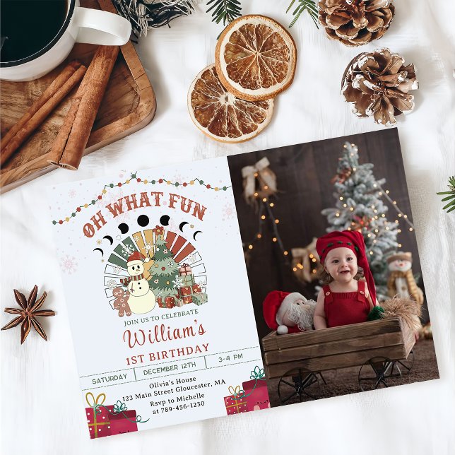Retro Boho Snowman Christmas Tree Birthday Photo Invitation (Creator Uploaded)