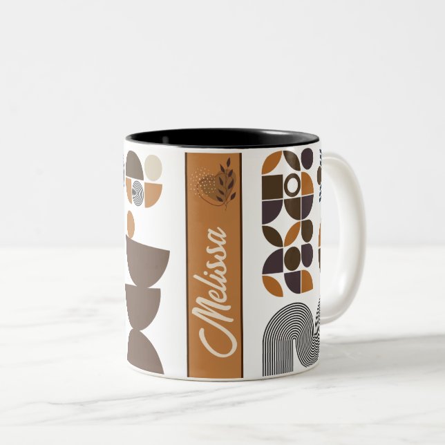 retro boho style colourful geometric pattern Two-Tone coffee mug (Front Right)