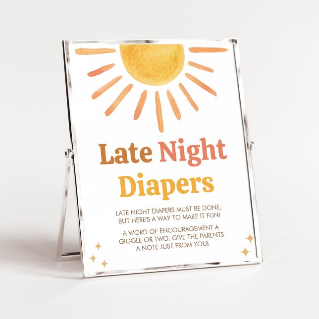 Retro Boho Sunshine Baby Shower Late Night Diapers Poster (Boy Boho Sunshine Baby Shower Late Night Diapers Sign)