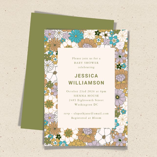 Retro Boho Teal Brown Floral Cute Baby Shower Invitation (Creator Uploaded)