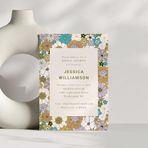 Retro Boho Teal Brown Floral Cute Bridal Shower Invitation