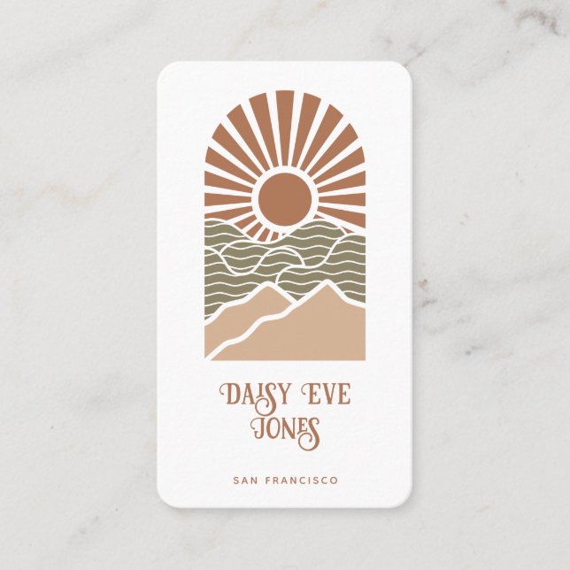Retro Boho Terracotta And Sage Sun Mountains Business Card (Front)