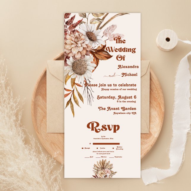 Retro Boho Terracotta Burnt Orange Wedding   All In One Invitation (Creator Uploaded)
