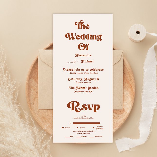 Retro Boho Terracotta Burnt Orange Wedding  All In One Invitation (Creator Uploaded)