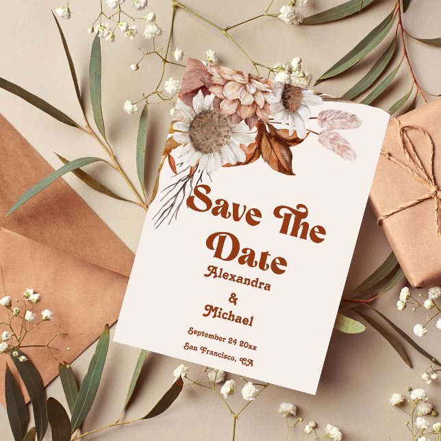 Retro Boho Terracotta Burnt Orange Wedding Save The Date (Creator Uploaded)