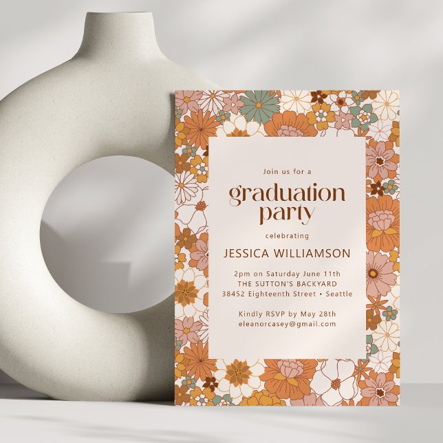 Retro Boho Terracotta Floral Cute Graduation Party Invitation (Creator Uploaded)