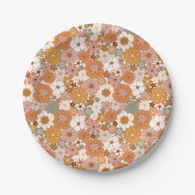 Retro Boho Terracotta Floral Wildflowers Autumn  Paper Plate (Front)