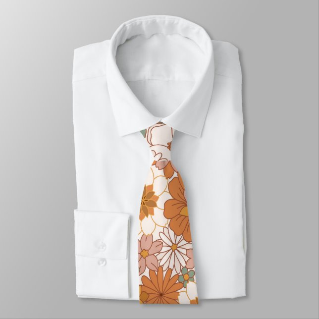 Retro Boho Terracotta Floral Wildflowers Autumn  Tie (Tied)