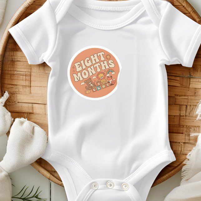 Retro Boho Toy Blocks Baby Eight Months Milestone Classic Round Sticker (Creator Uploaded)