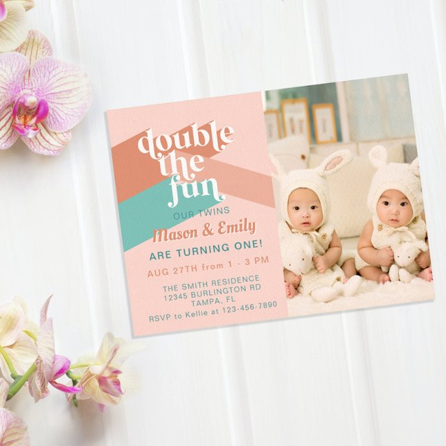 Retro Boho Twins Birthday Party Photo Invitation (Creator Uploaded)