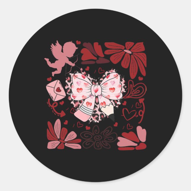 Retro Boho Valentine Pencil Bow Teaching Is A Work Classic Round Sticker (Front)