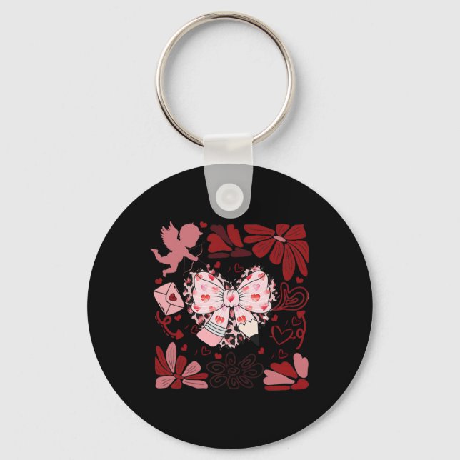 Retro Boho Valentine Pencil Bow Teaching Is A Work Key Ring (Front)