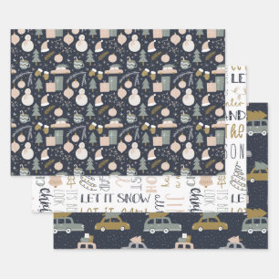 Retro Boho Vintage Car and Christmas Tree Pattern Wrapping Paper Sheet