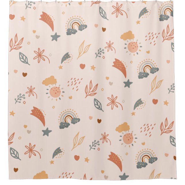 Retro Boho Watercolor Rainbow Neutral Shower Curtain (Front)