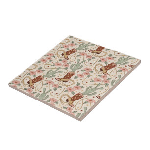 Retro Boho Western Cactus & Floral Cowboy Boot Ceramic Tile