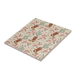 Retro Boho Western Cactus & Floral Cowboy Boot Ceramic Tile