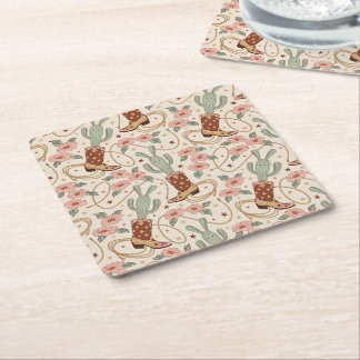Retro Boho Western Cactus & Floral Cowboy Boot Square Paper Coaster