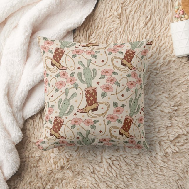 Retro Boho Western Desert Cactus & Floral Pattern Cushion (Blanket)