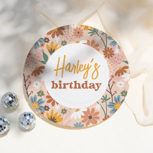 Retro Boho Wildflower Girl Birthday Party Paper Plate
