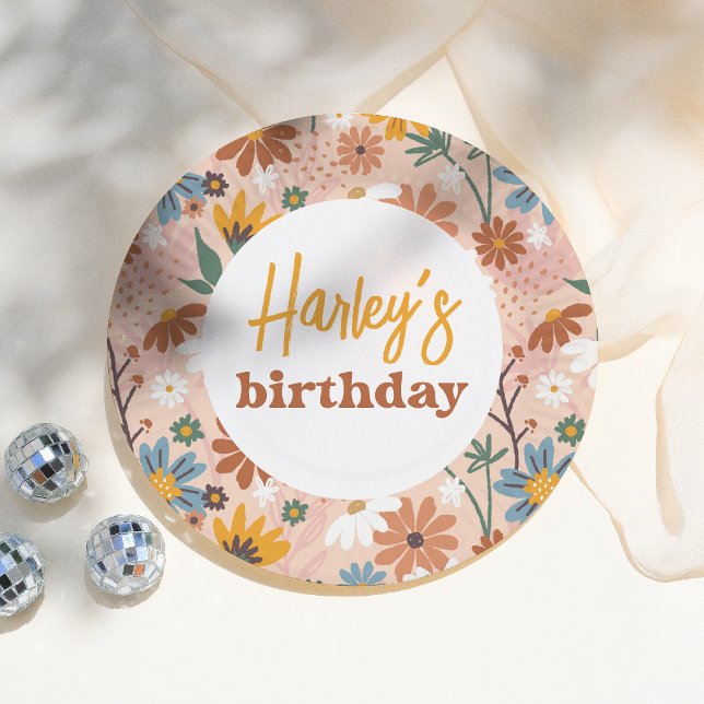 Retro Boho Wildflower Girl Birthday Party Paper Plate (Creator Uploaded)
