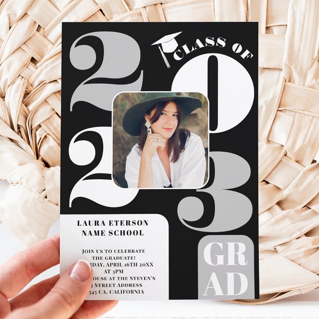 Retro bold 2023 coffee black 5 photos graduation invitation (Creator Uploaded)