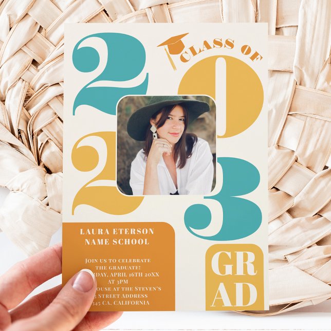 Retro bold 2023 terracotta teal 5 photo graduation invitation (Creator Uploaded)