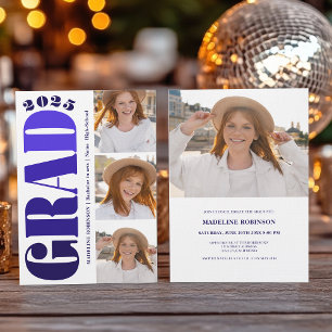 Retro Bold blue 2025 Graduation Party 4 Photo Invitation