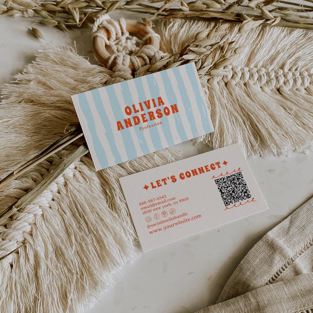 Retro Bold Blue  Groovy Funky Trendy Fun QR Code Business Card (Creator Uploaded)