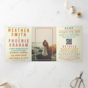Retro Bold Bright QR Code Photo All in One Wedding Tri-Fold Invitation