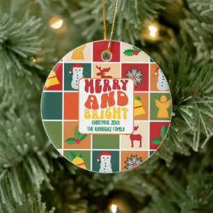 Retro Bold Colourful Family Name Christmas Ceramic Ornament