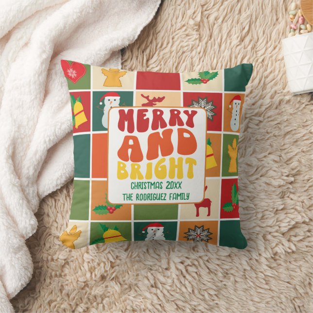 Retro Bold Colourful Family Name Christmas Holiday Cushion (Blanket)