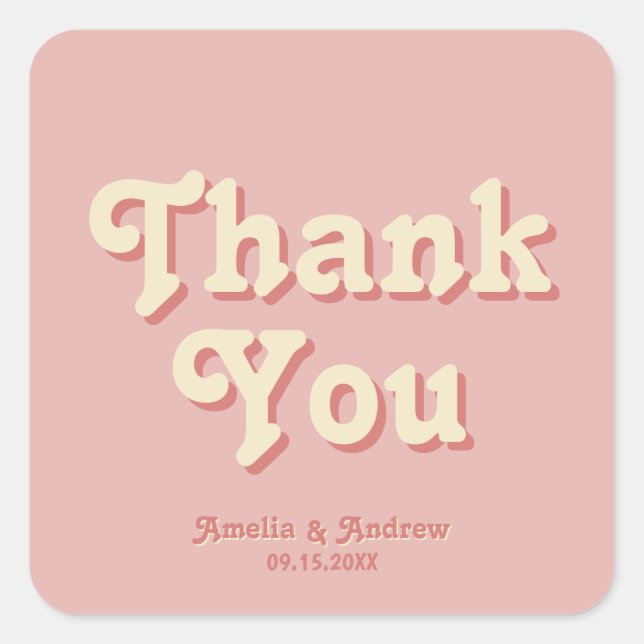 Retro Bold Groovy Coral Pink 1970s Wedding Favour Square Sticker (Front)