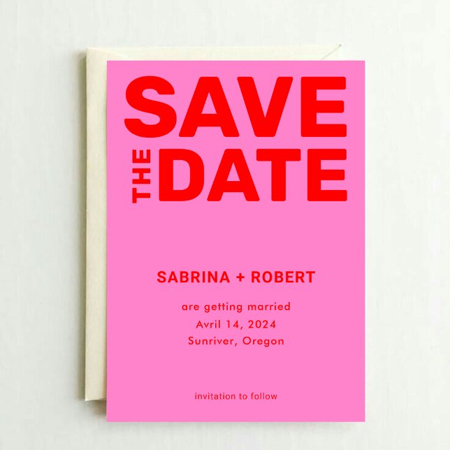 Retro Bold Hot Pink & Red Typography Wedding Save The Date (Creator Uploaded)