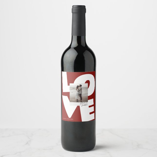 Retro Bold Love Typography with Photo Wine Label (Front)