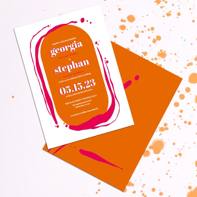 Retro Bold Neon Orange Pink Abstract Wedding Invitation (Creator Uploaded)