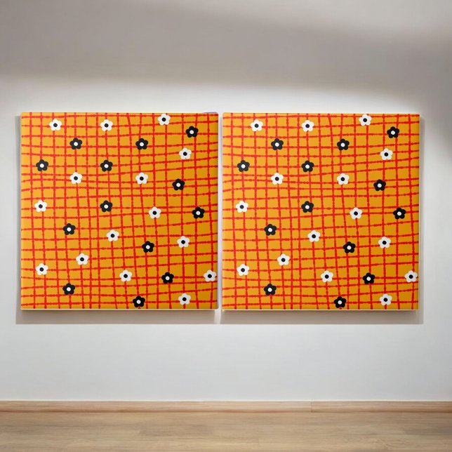 Retro Bold Orange Floral Grid Chequered Botanical  Ceramic Tile (Creator Uploaded)