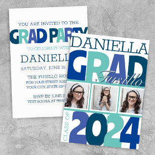 Retro Bold Oversized 3 Photo Blue Teal Grad Party Invitation