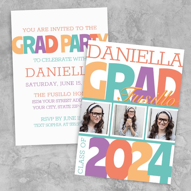 Retro Bold Oversized 3 Photo Grad Party Invitation (Modern Retro Oversized 3 Photo Graduation Announcement Grad Party Invitation)