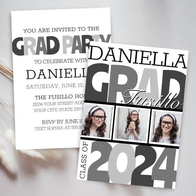 Retro Bold Oversized Black and White Grad Party Invitation (Modern Bold Oversized Retro Photo Reel Graduation Announcement for Grad Party Invitation)