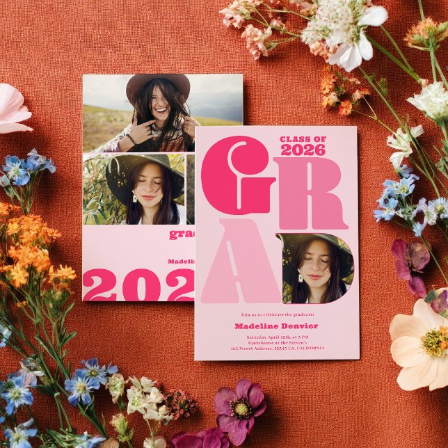 Retro bold oversized Grad 4 photo 2026 graduation Invitation (Retro bold oversized Grad 4 photo 2026 graduation Invitation)